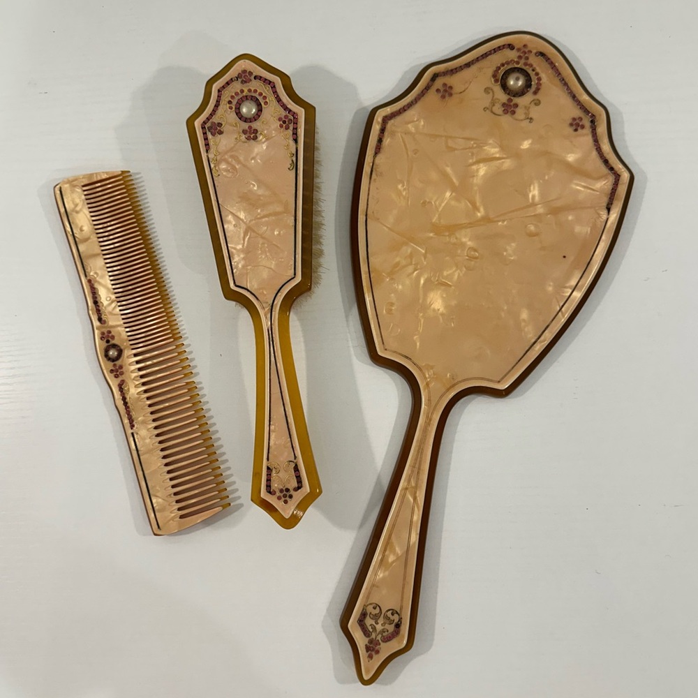Vintage Pyramid 1920s 1930s Pearlized Celluloid Vanity Set Mirror Brush Comb
